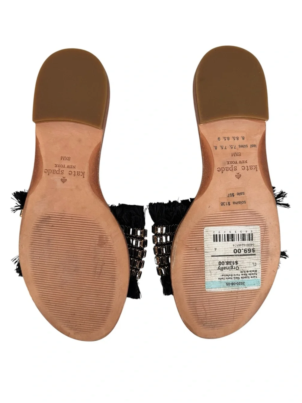 kate spade Black Fringe Beaded Slide Sandals with Gold Accents